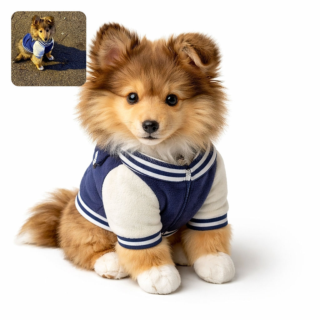 A fluffy puppy dressed in a cute blue and white jacket sits attentively on a textured pavement, casting a long shadow in the warm sunlight, looking ready for an outdoor adventure or a fashion show.