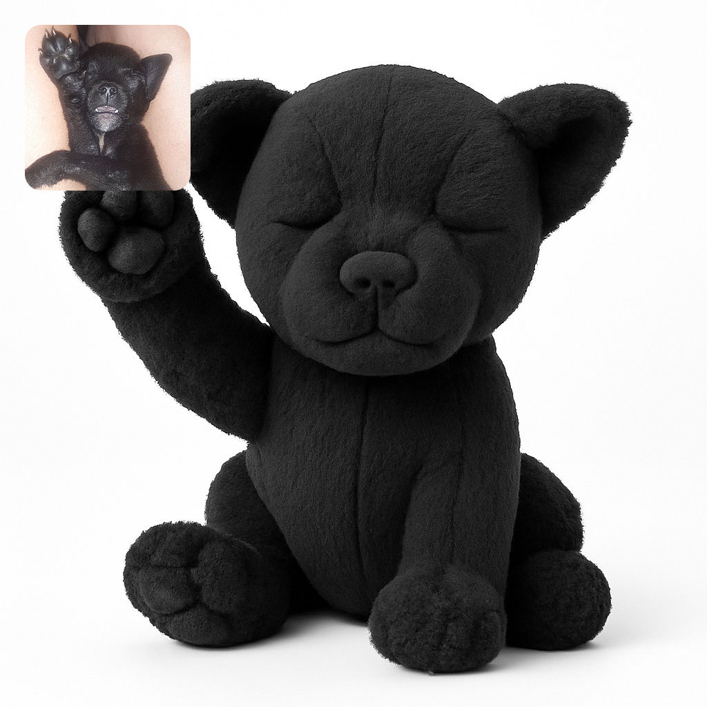 A tiny black puppy is caught mid-nap with one paw raised high like it's waving hello or surrendering to cuteness overload, nestled between two legs with a slightly open mouth showing tiny teeth.