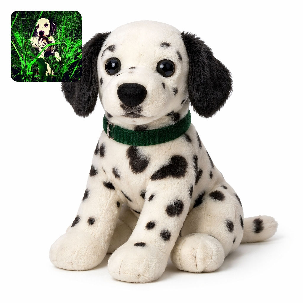 A spotted Dalmatian puppy peeking through a neon jungle of tall grass like it owns the meadow — ears flopped, curious eyes half‑squinting, and a blade of grass comically draped across its nose. The oversaturated greens make the pup look like a tiny explorer in an alien lawn.