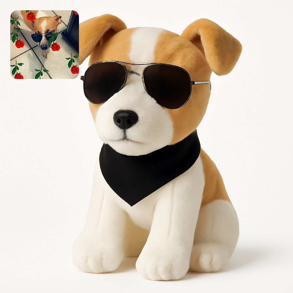 A small dog sporting cool black sunglasses stands on a tiled floor surrounded by digitally added red roses, giving off a vibe of casual charm and floral flair.
