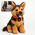 A happy German Shepherd sitting obediently on a tiled floor inside a room with a white door and a table partially covered by a black cloth. The dog looks friendly with its tongue out, as if ready for a treat or a game.