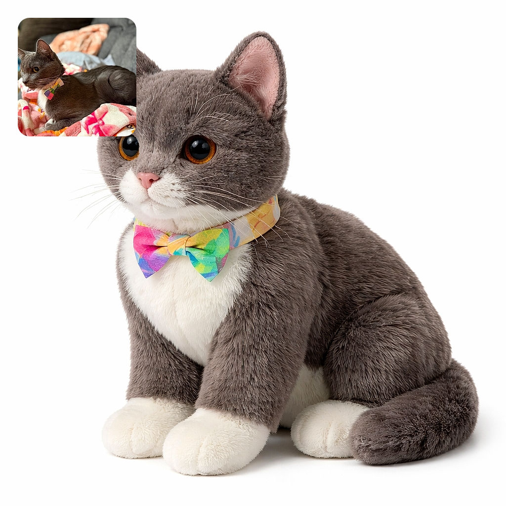 A dapper grey cat wearing a tiny colorful bow tie lounges regally on a plush pink blanket, giving an intense side-eye as if judging your life choices — elegant, cozy, and slightly dramatic.