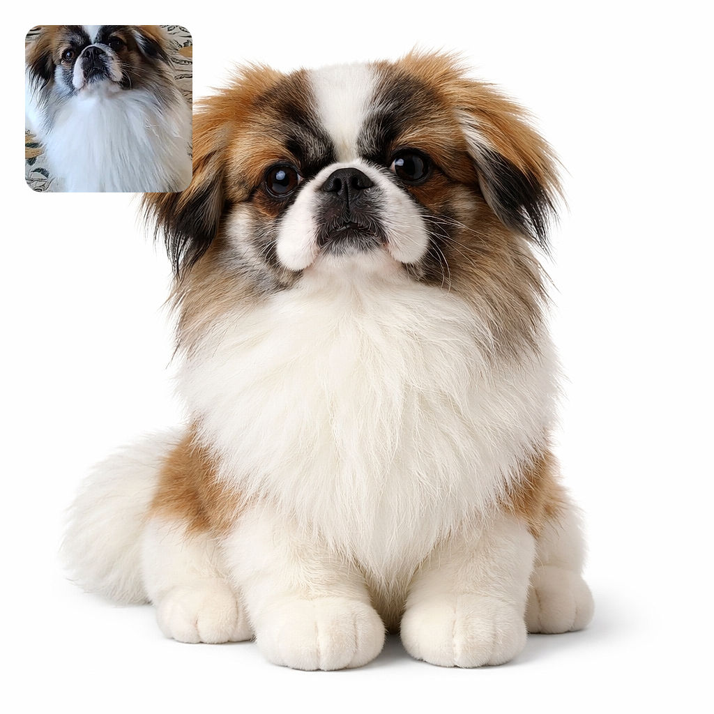 A fluffy dog with a majestic white and brown coat sits attentively on a patterned carpet, looking curiously at the camera with soulful eyes and a slightly tilted head, radiating charm and fluffiness.
