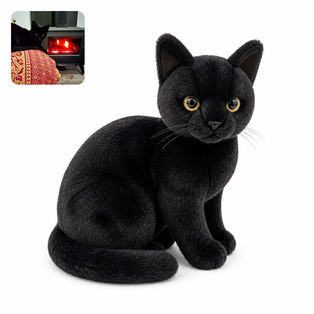 A sleek black cat lounges like a tiny fireplace inspector, staring intensely beside a glowing wood stove while wrapped in a richly patterned red-and-gold blanket. The cozy scene says maximum warmth, minimum responsibility.
