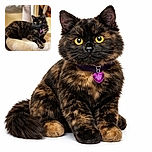 A fluffy tortoiseshell cat lounges elegantly on a cozy, white furry perch of a cat tree, its bright yellow eyes alert and curious, with a purple heart-shaped tag adding a pop of color to the serene indoor setting.