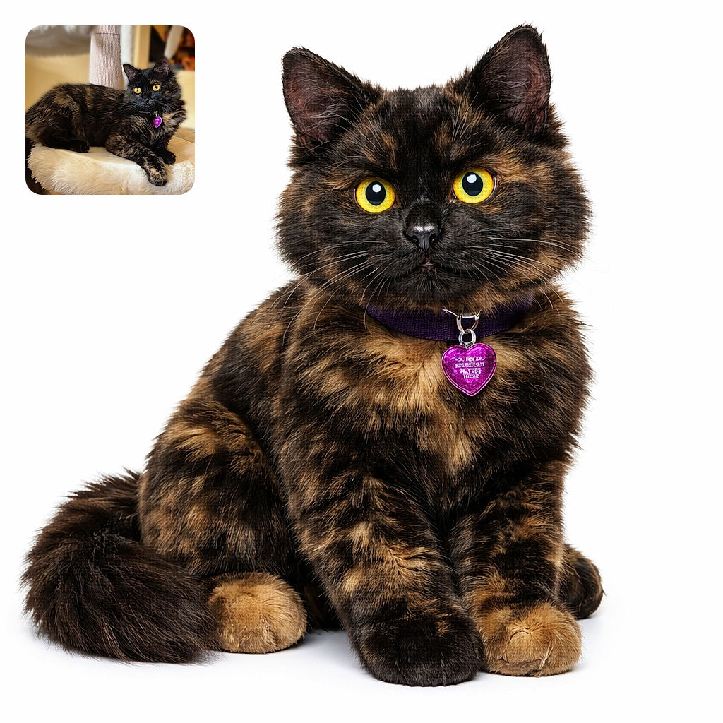 A fluffy tortoiseshell cat lounges elegantly on a cozy, white furry perch of a cat tree, its bright yellow eyes alert and curious, with a purple heart-shaped tag adding a pop of color to the serene indoor setting.