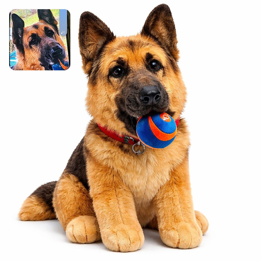 A huge, earnest German Shepherd hogs the frame with a scuffed blue-and-orange ball in its mouth — the kind of slobbery trophy that says 'throw it again, human.' The image is a screenshot of a video player so you can see playback controls, thumbnails and a volume slider around the portrait; behind the dog is a grassy backyard and some fencing. Ears are perked, eyes are soulful, and the ball is front-and-center like a prized possession.
