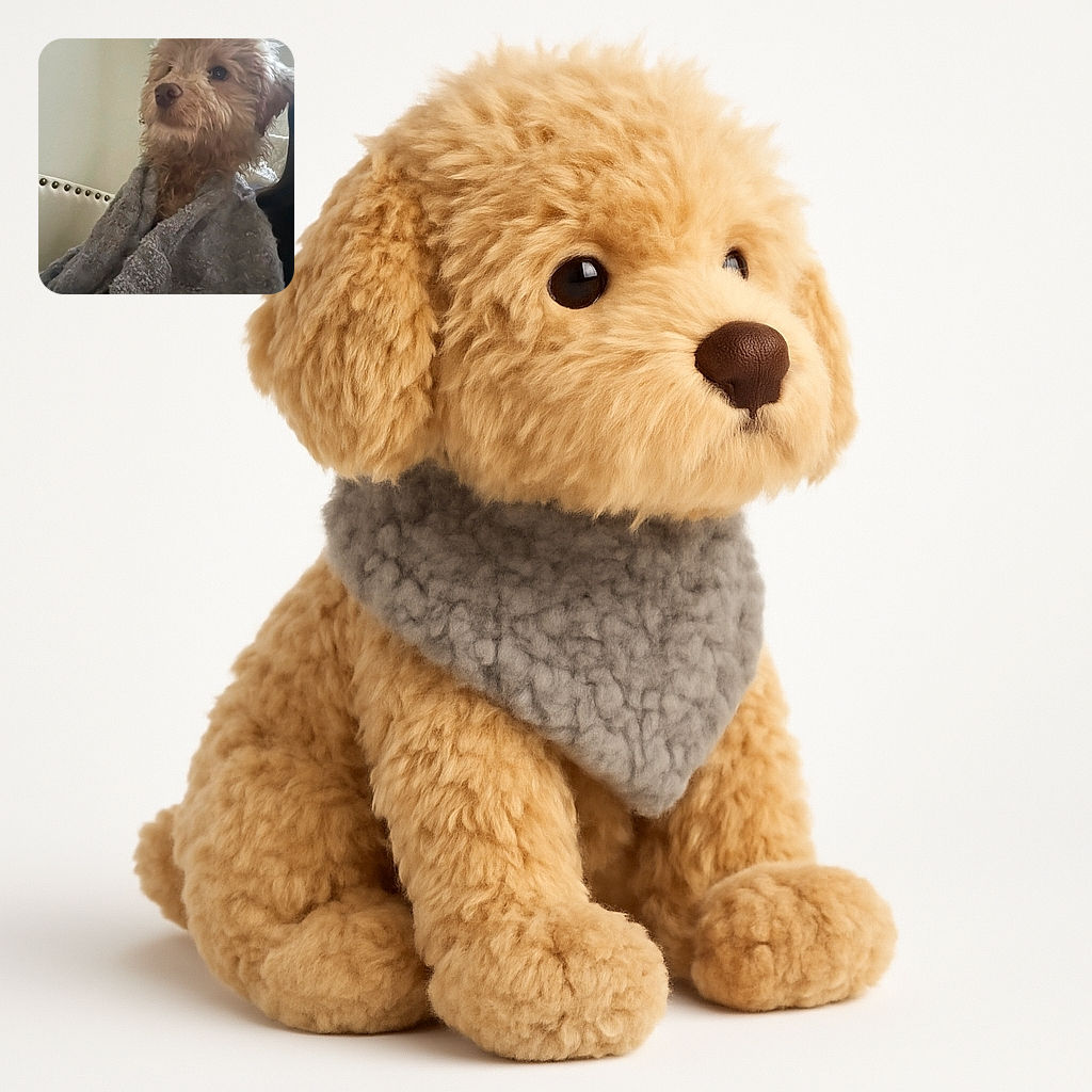 A fluffy dog wrapped snugly in a cozy gray blanket, looking off into the distance with a calm and thoughtful expression, sitting on a studded armchair against a plain wall.