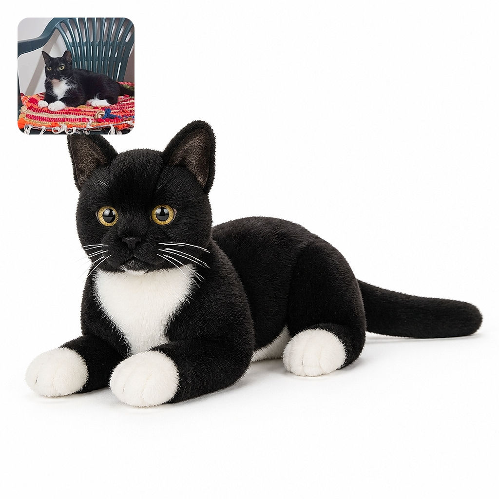 A tuxedo cat lounges like royalty on a colorful woven blanket atop a plastic chair, staring at the camera with the serious expression of a tiny black-and-white landlord inspecting its kingdom.