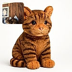 A curious tabby cat is perched among blue and white ceramic vases and figurines on a wooden shelf, with a framed picture of a robed figure in the background. The cat looks alert and slightly blurry as if caught mid-movement, adding a lively touch to the cozy, rustic setting.