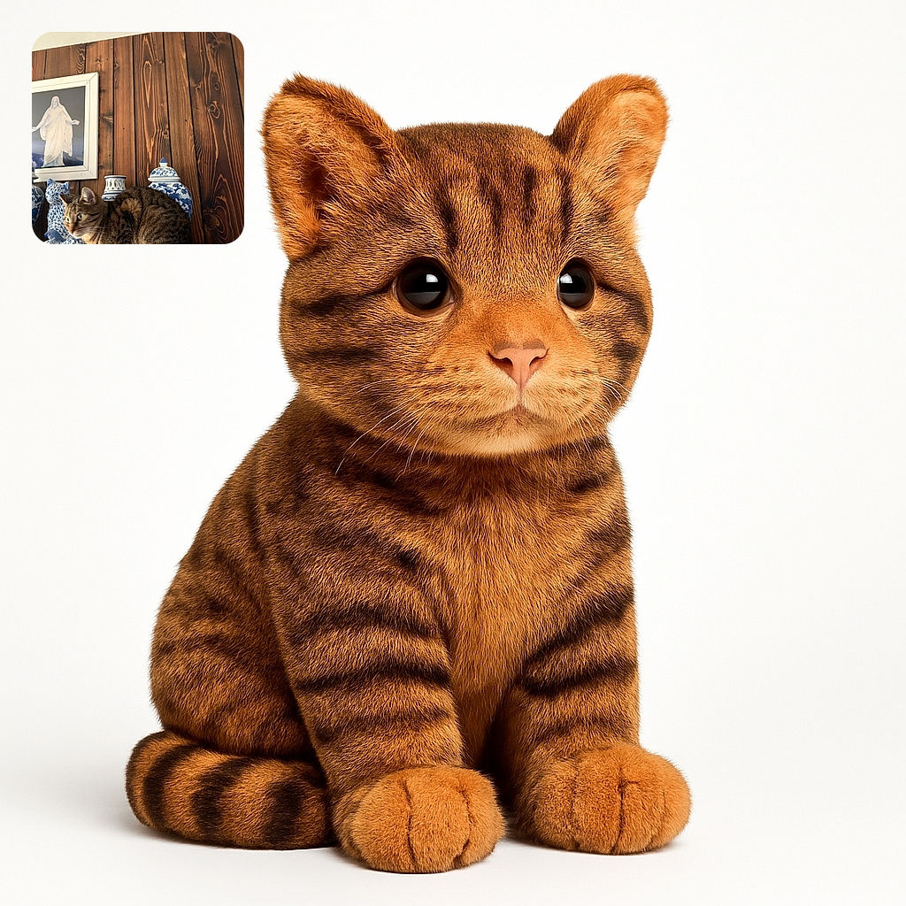 A curious tabby cat is perched among blue and white ceramic vases and figurines on a wooden shelf, with a framed picture of a robed figure in the background. The cat looks alert and slightly blurry as if caught mid-movement, adding a lively touch to the cozy, rustic setting.