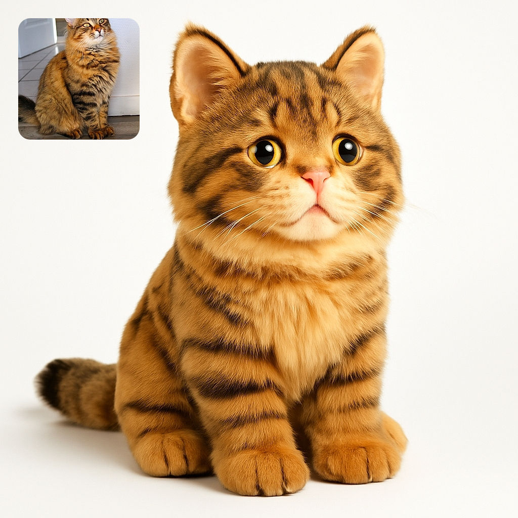 A majestic fluffy tabby cat sits proudly on a wooden floor, gazing thoughtfully upwards with its golden eyes. The background shows a tiled floor and a white door slightly ajar, adding a cozy indoor vibe to the scene.