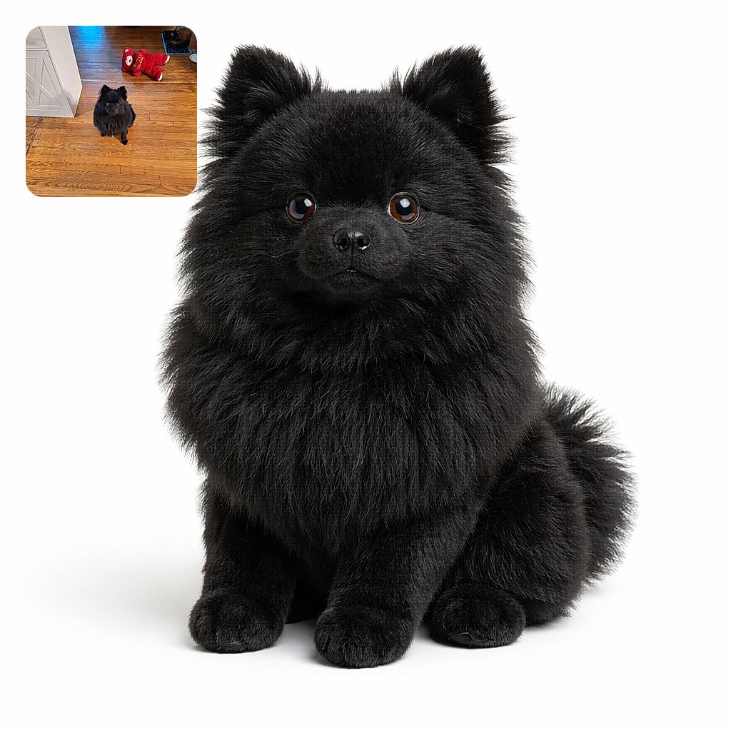 A fluffy black dog sits politely on a warm hardwood floor, staring up with big pleading eyes as if asking for a treat; a red teddy bear toy and food bowls scatter behind it, and a white cabinet frames the scene — domestic chaos meets adorable demand.