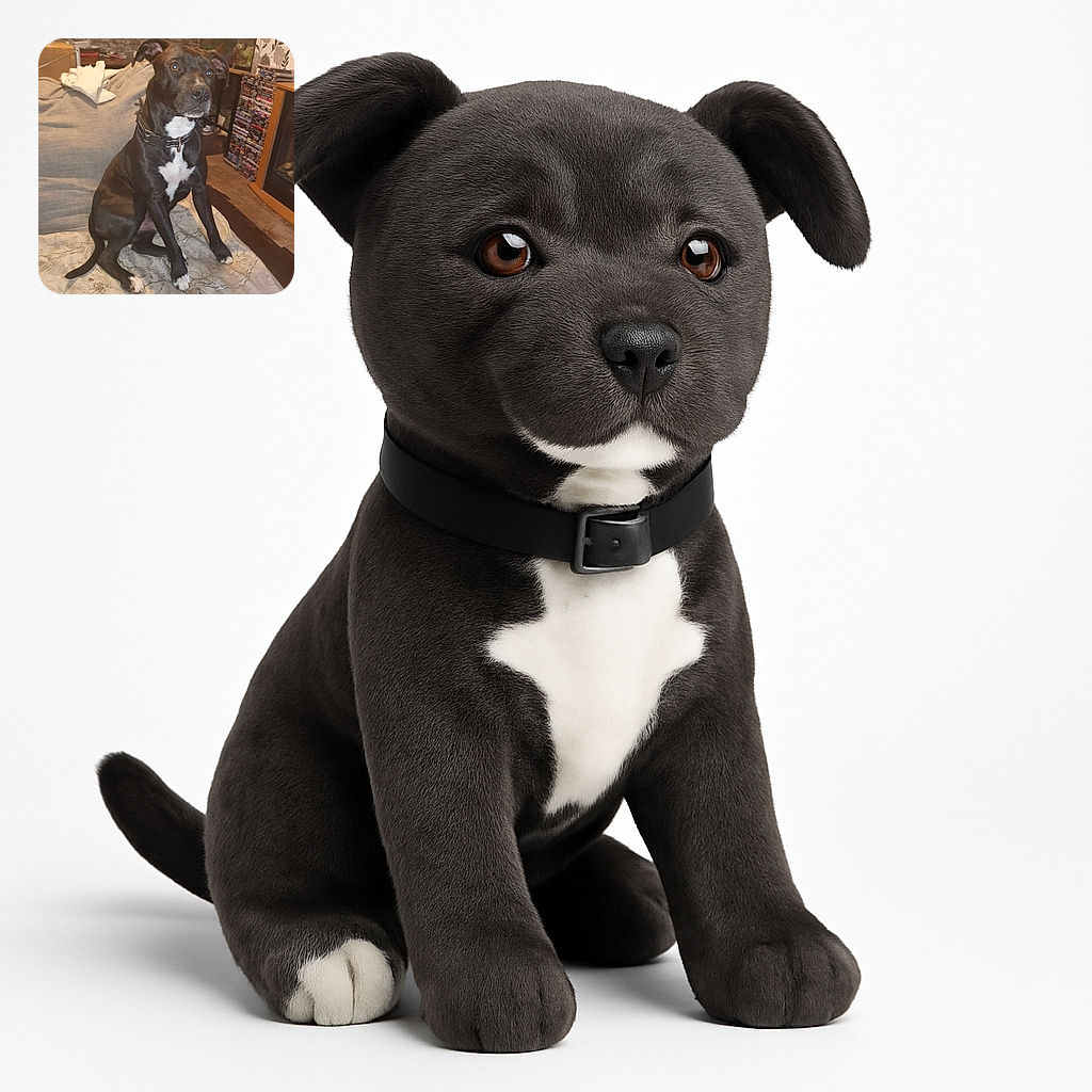 A black dog with a white chest patch sits attentively on a patterned blanket in a cozy living room filled with DVDs and floral wallpaper, looking ready for a treat or a game.
