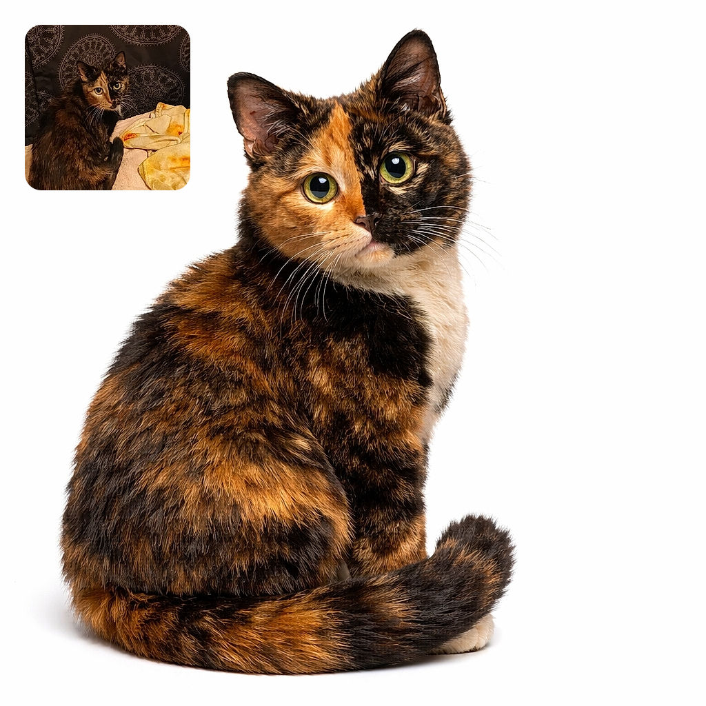 A tortoiseshell cat gives a dramatic over-the-shoulder stare like it just heard the treat bag rustle — cozy towel and patterned tapestry backdrop complete the moody, regal vibe.