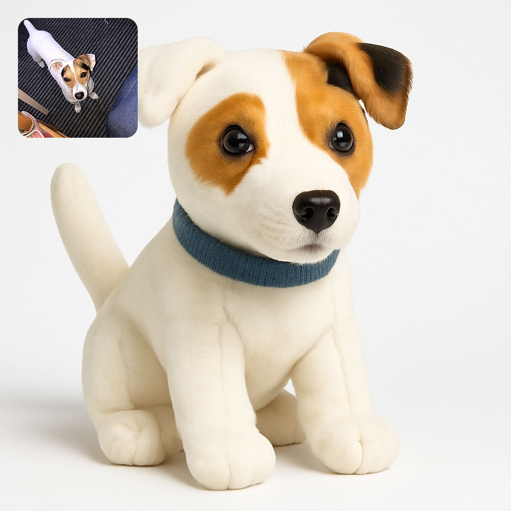 A curious small dog with a white coat and brown patches looks up with big, soulful eyes, standing on a textured dark rug next to a plaid chair and other household items.