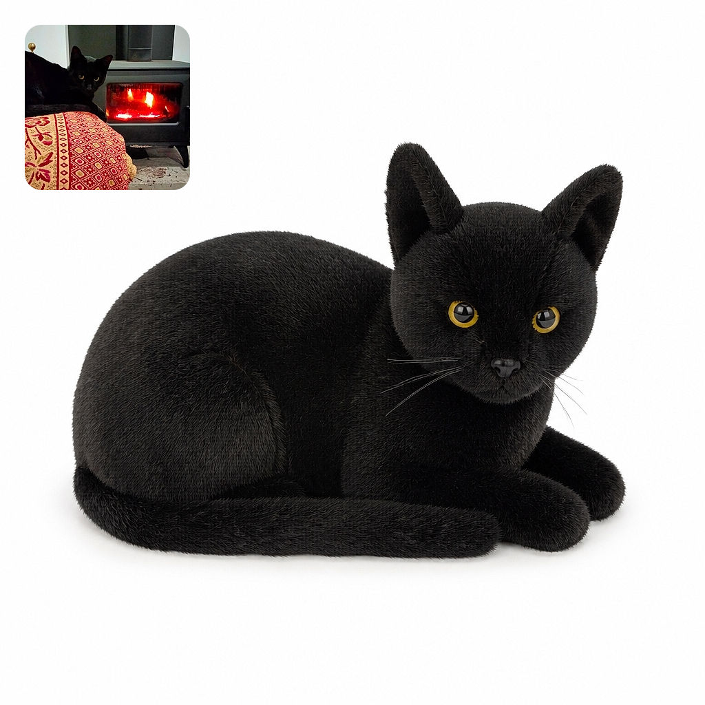 A sleek black cat lounges like a tiny panther on a richly patterned blanket, giving the camera a serious stare while a glowing wood stove crackles behind it. The cat clearly considers itself the official supervisor of cozy winter evenings.
