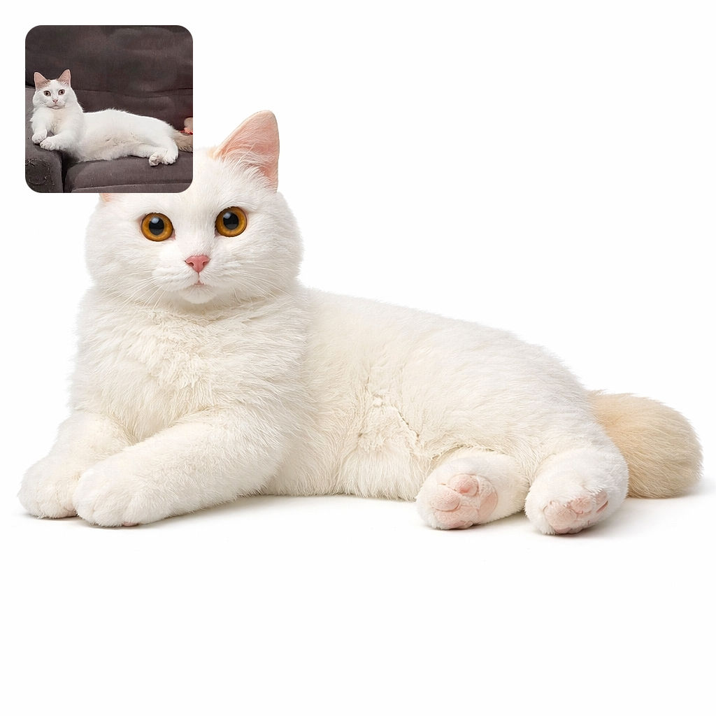 A fluffy white cat with a calm and slightly curious expression lounges elegantly on a well-used gray couch, looking like it owns the place while plotting its next nap or mischief.