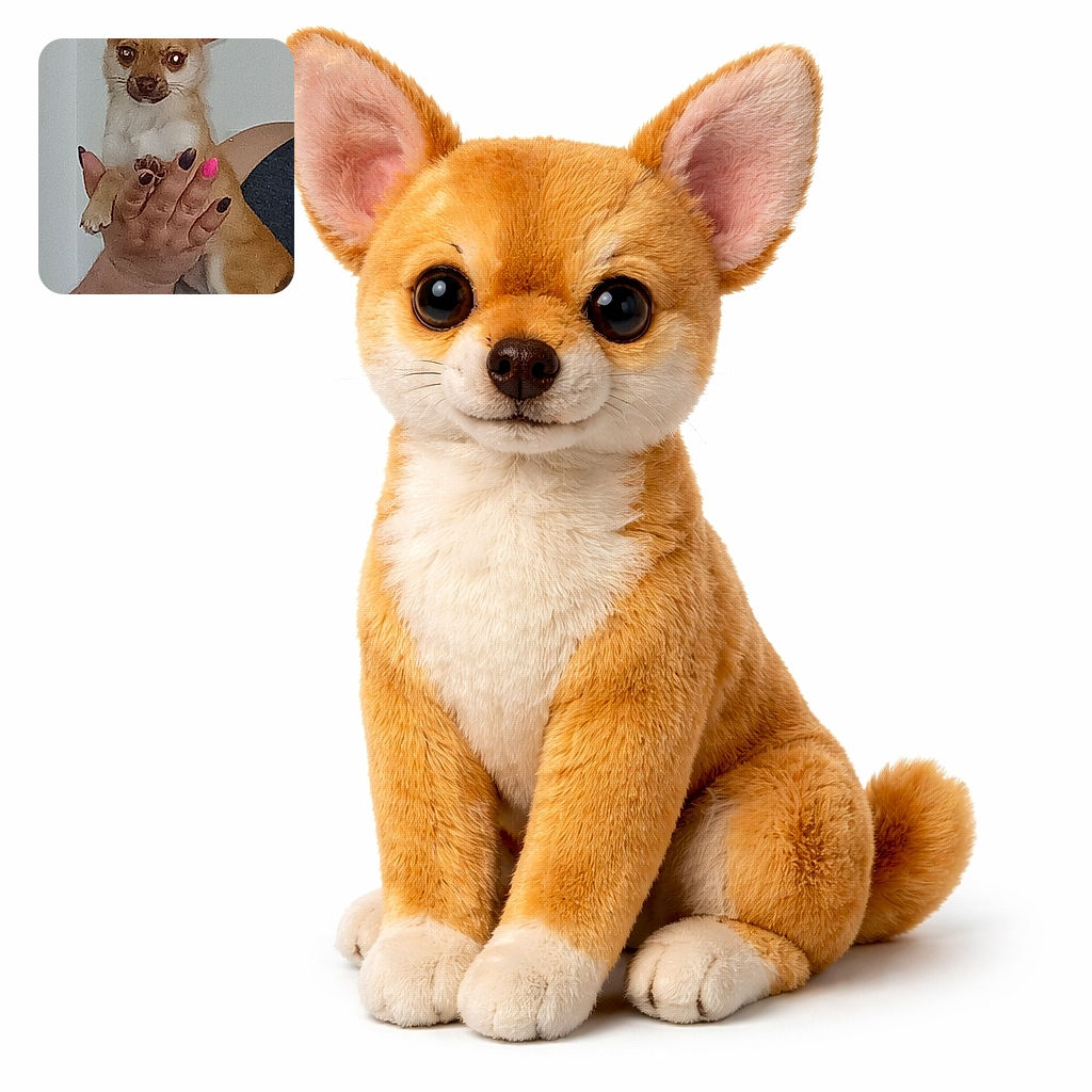 A tiny chihuahua is held up like royalty, staring directly at the camera with flash-reflective eyes while a hand with dark nails (one bright pink) and a tattoo supports it — the background is a plain wall and the whole scene is adorably judgmental.