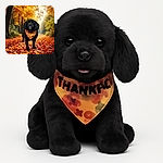 A charming black dog wearing a festive orange Thanksgiving bandana stands amidst a vibrant autumn forest path blanketed with colorful fallen leaves, basking in the warm glow of golden sunlight filtering through the trees.