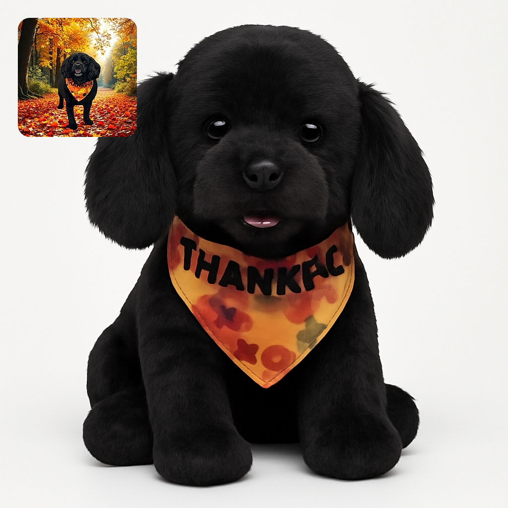 A charming black dog wearing a festive orange Thanksgiving bandana stands amidst a vibrant autumn forest path blanketed with colorful fallen leaves, basking in the warm glow of golden sunlight filtering through the trees.