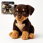 A cute brown puppy with tan markings lies on a textured gray carpet, looking curiously at the camera with big eyes. Behind the puppy, a colorful plush toy and a soft blue blanket add cozy vibes to the indoor setting.