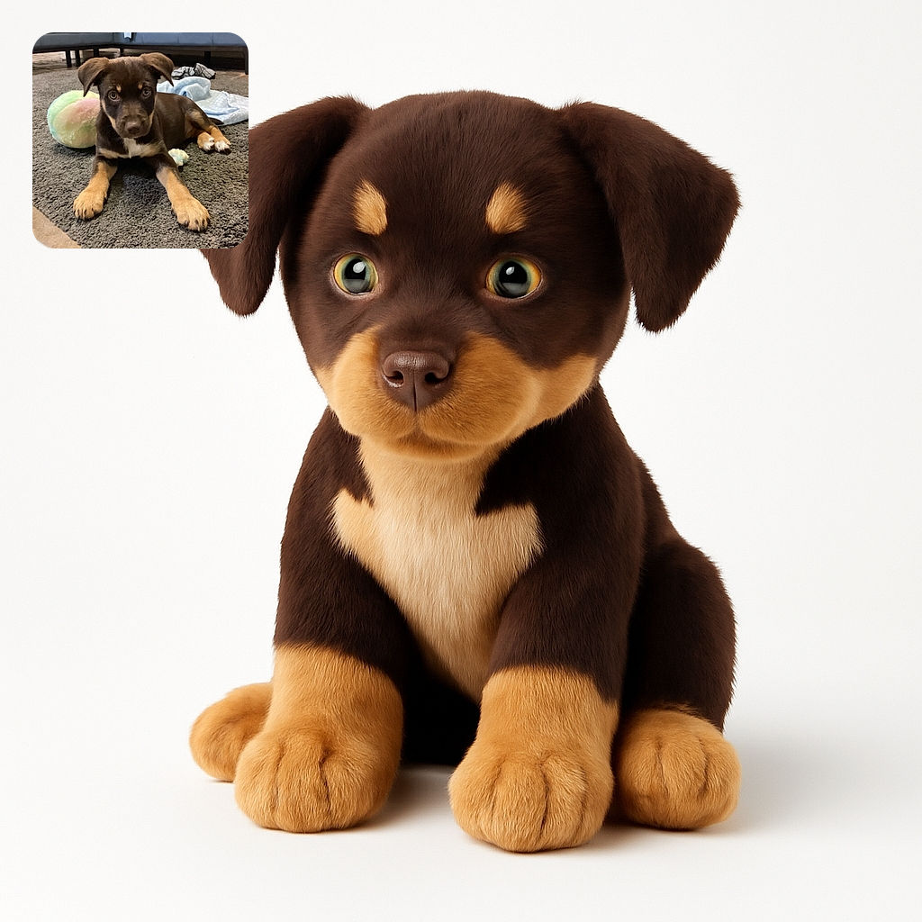 A cute brown puppy with tan markings lies on a textured gray carpet, looking curiously at the camera with big eyes. Behind the puppy, a colorful plush toy and a soft blue blanket add cozy vibes to the indoor setting.
