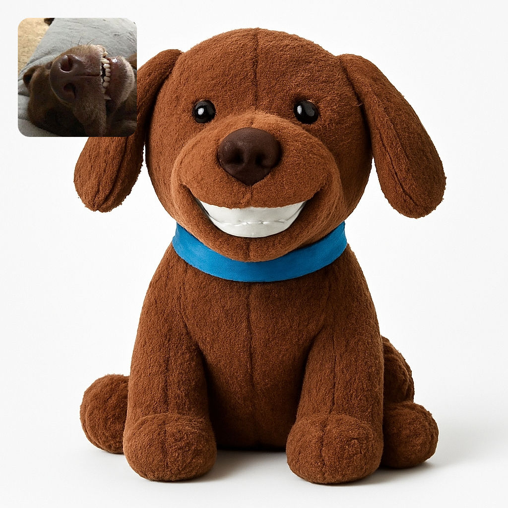 A goofy dog is lying on its back with its nose and teeth prominently in the foreground, giving a hilarious upside-down grin while chilling on a soft couch.