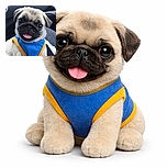 A charming pug puppy wearing a bright blue and yellow outfit, sticking its tongue out with big, shiny eyes, sitting comfortably in what looks like a car seat. The close-up shot captures the adorable expression and soft fur in clear detail.