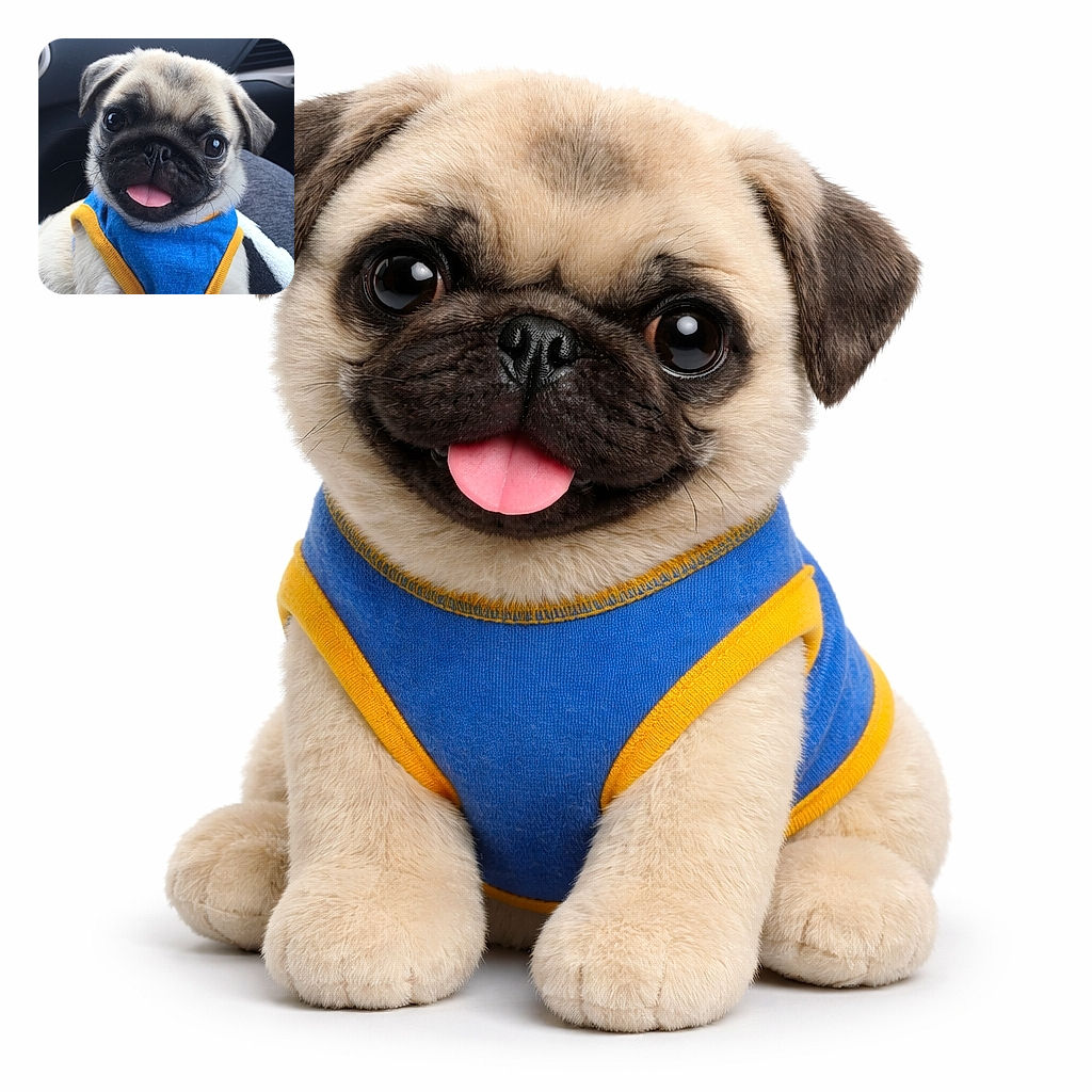 A charming pug puppy wearing a bright blue and yellow outfit, sticking its tongue out with big, shiny eyes, sitting comfortably in what looks like a car seat. The close-up shot captures the adorable expression and soft fur in clear detail.