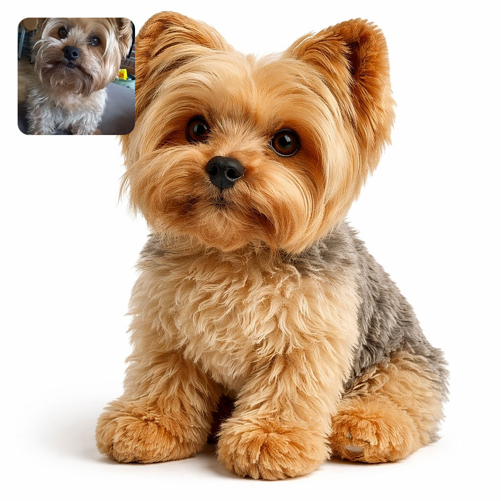 A tiny, fluffy Yorkshire terrier stares into the camera with soulful eyes and a slightly tousled beard, dominating the frame while a cozy living room blurs into the background — equal parts regal and mischievous.