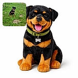 A happy Rottweiler sits proudly on a lush green lawn under a cloudy sky, tongue out and ready for playtime in a spacious garden with scattered plants and natural surroundings.