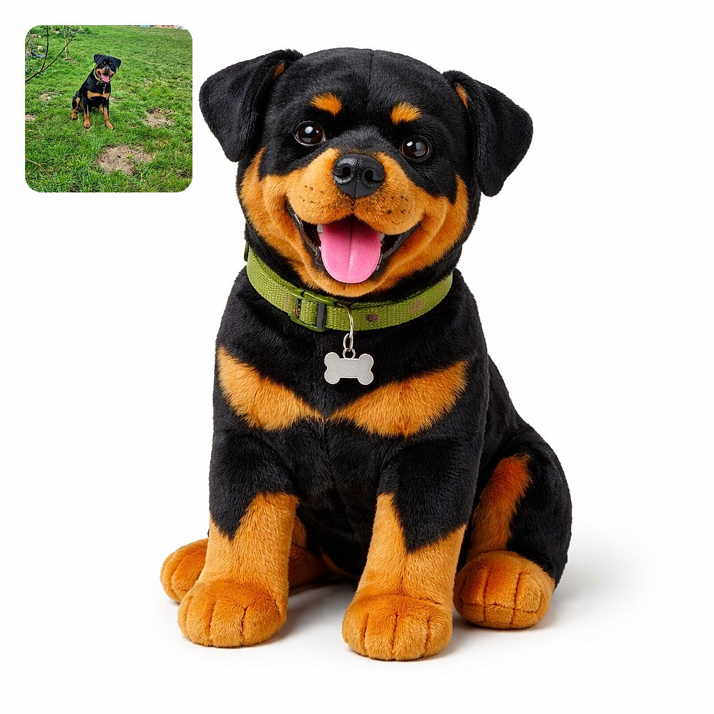 A happy Rottweiler sits proudly on a lush green lawn under a cloudy sky, tongue out and ready for playtime in a spacious garden with scattered plants and natural surroundings.