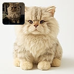 A majestic fluffy cat sits regally on a dark blanket with a slightly serious expression, its thick fur glowing softly under warm indoor lighting, while a cozy room with windows and curtains forms the background.