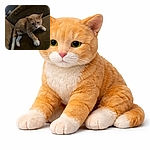 A chonky orange tabby lounges on a brown couch with whiskers on high alert, one paw dramatically splayed — the very picture of mild indignation and suspiciously dignified plotting.