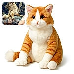 A fluffy orange and white cat is lounging upright on a patterned blanket-covered couch, looking somewhat surprised or curious, with a person's leg visible to the right side of the image.