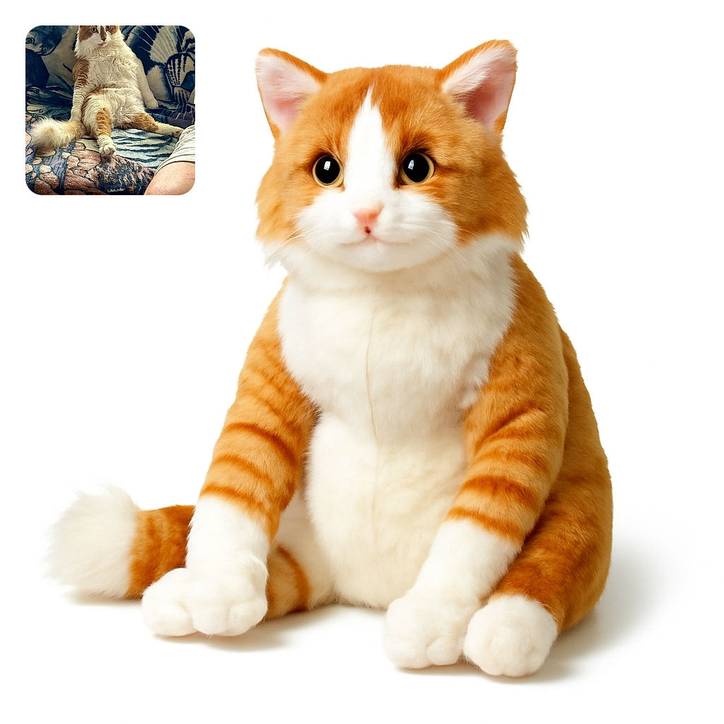 A fluffy orange and white cat is lounging upright on a patterned blanket-covered couch, looking somewhat surprised or curious, with a person's leg visible to the right side of the image.