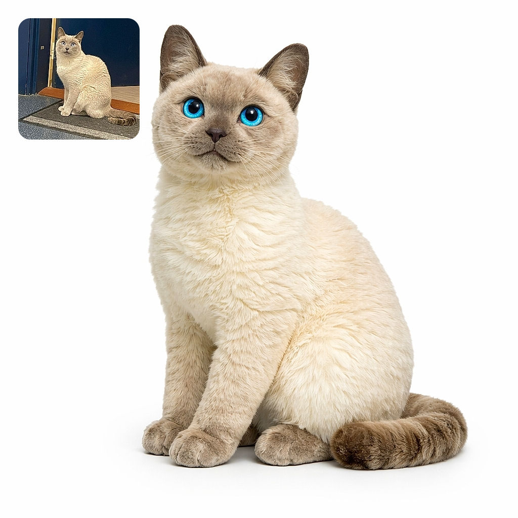 A fluffy cream-colored cat with striking blue eyes sits attentively on a doormat in front of a blue door, looking up with curiosity as if waiting for an adventure to begin.