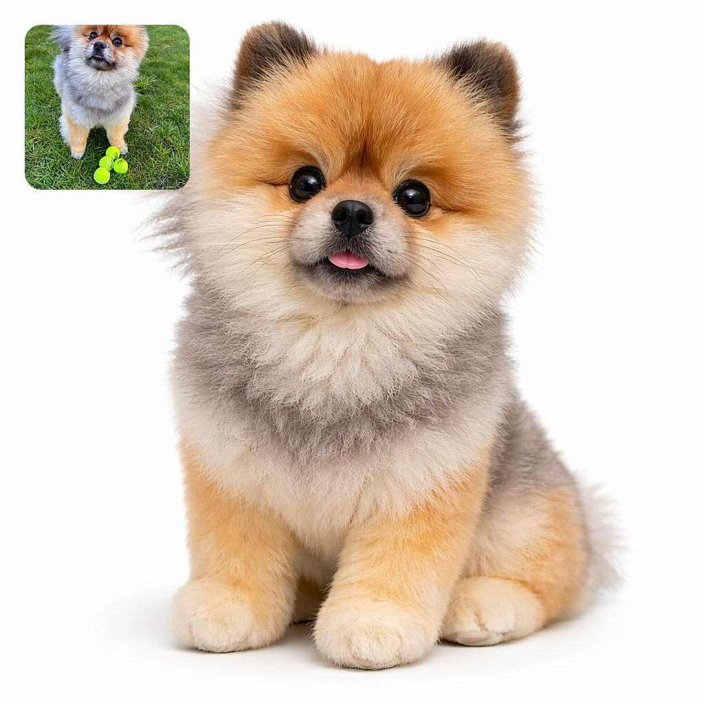 A fluffy Pomeranian dog stands on a lush green lawn with a slightly curious expression, tongue peeking out just a bit, surrounded by four bright yellow tennis balls that look ready for a playful game of fetch.
