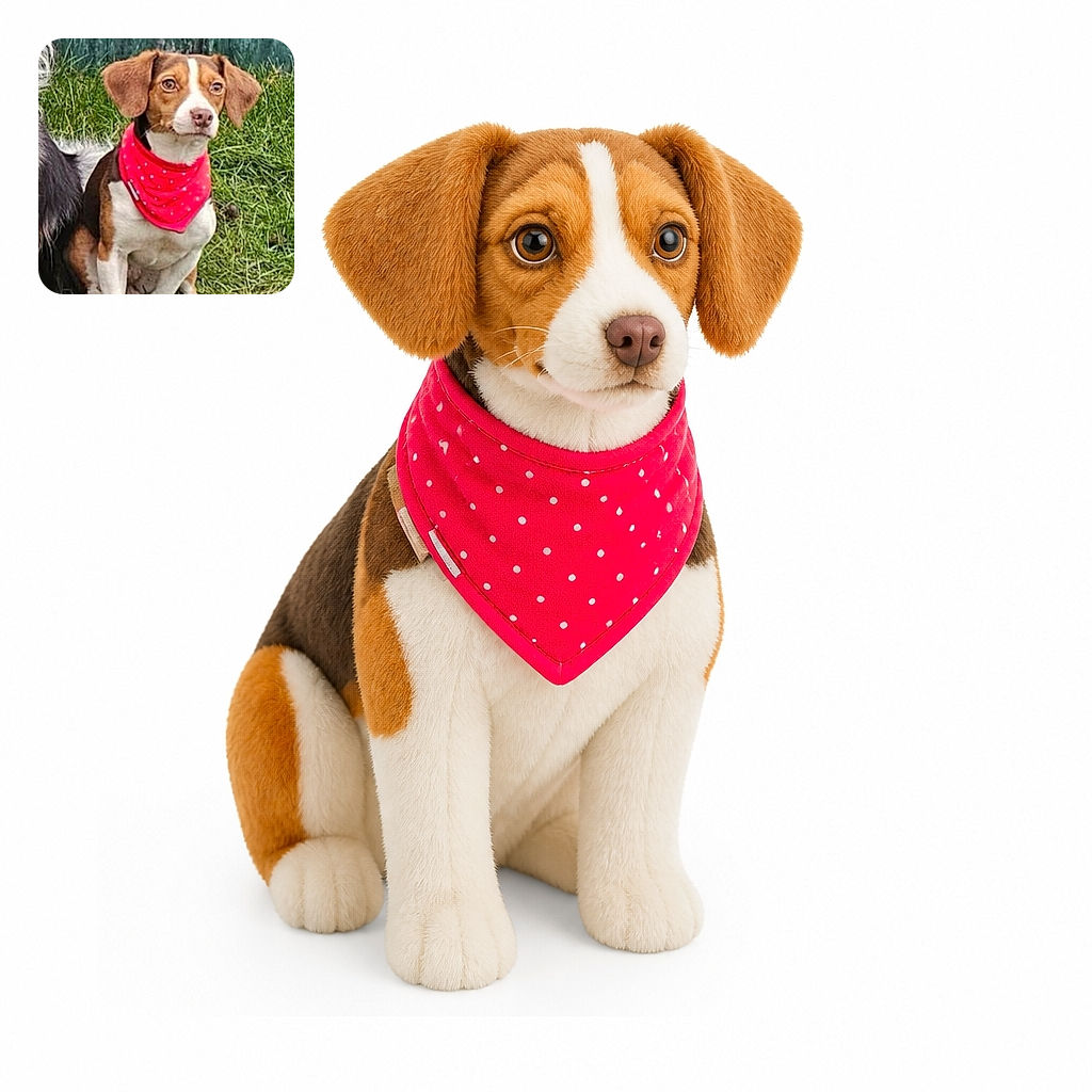 A serious little dog sits proudly in the grass wearing a dazzling red polka-dot bandana, looking like the neighborhood sheriff who has just discovered that someone left muddy paw prints on the lawn. A second fluffy dog makes a mysterious cameo at the left edge.