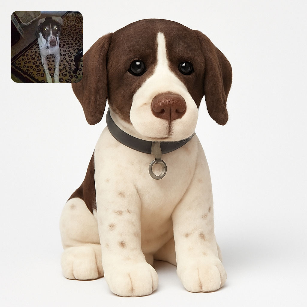 A dog with a black and white coat is lying down on a leopard print rug indoors, looking straight at the camera with glowing eyes caused by the flash. There's a fan and some furniture in the background, giving a cozy but cluttered room vibe.