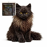 A fluffy dark cat with glowing yellow eyes sits majestically on a bed with a flashlight nearby, featured on a calendar cover titled 'Washington's Cutest Pets A 2027 Calendar'. The photo is a bit grainy but captures the cat's regal fur and moody expression well.