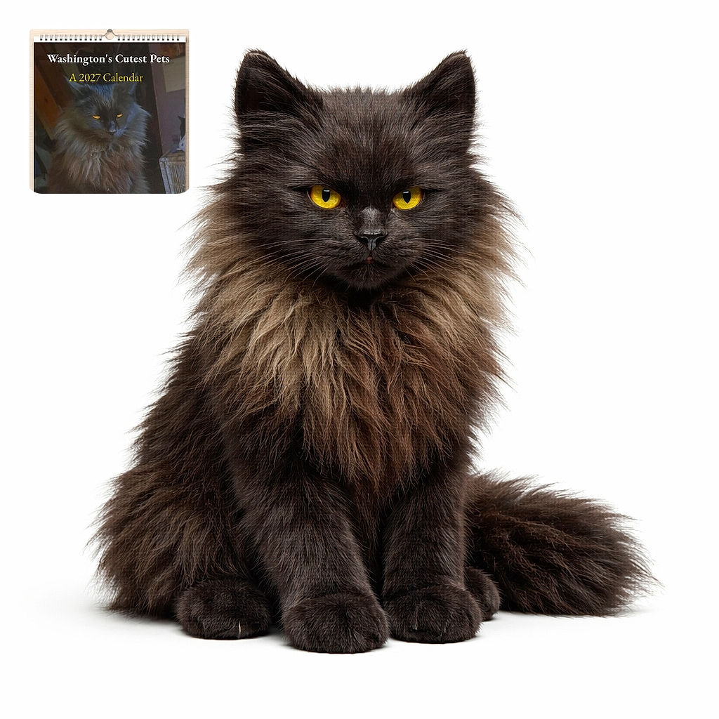 A fluffy dark cat with glowing yellow eyes sits majestically on a bed with a flashlight nearby, featured on a calendar cover titled 'Washington's Cutest Pets A 2027 Calendar'. The photo is a bit grainy but captures the cat's regal fur and moody expression well.