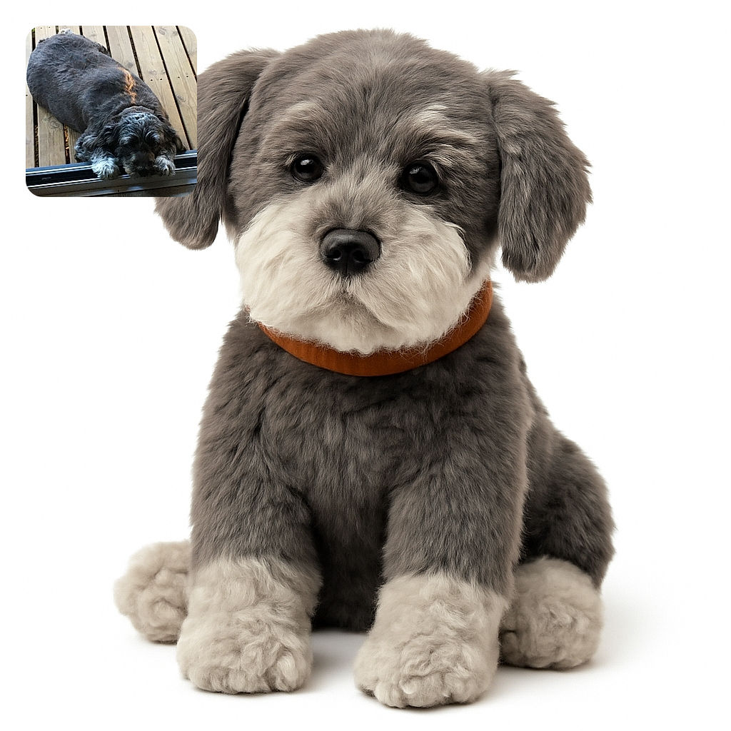 A fluffy dog with a mix of dark and light fur is lying down on a wooden deck, resting its head and paws on the threshold of a sliding door, looking cozy and a bit sleepy.