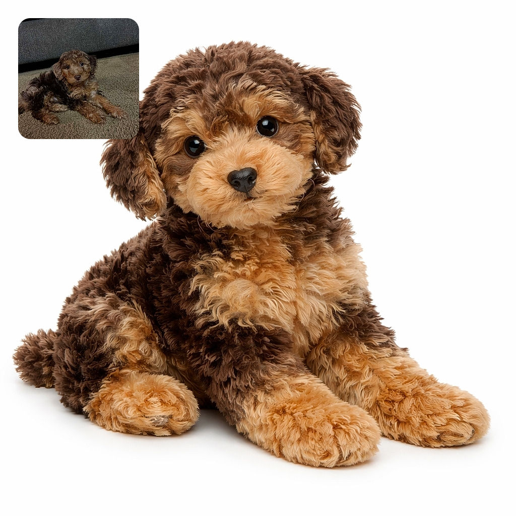 A fluffy curly-haired puppy lounges on a beige carpet in front of a grey couch, tilting its head with big, soulful eyes like it just heard the magic word 'treat'. The cozy indoor scene is warm and intimate, showcasing soft textures from the pup's fur to the carpet beneath.