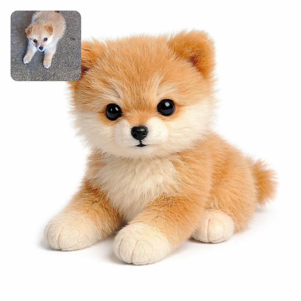 A tiny fluffy tan puppy sprawled on pebbled concrete, staring up with big soulful eyes and a shiny black nose. Its little paws are stretched forward, ears slightly perked, and the soft fur halo contrasts with the gritty ground — a picture so cute it demands snacks and belly rubs.