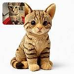 A curious tabby kitten sits elegantly on a red cushion, its large ears perked up and eyes wide open, looking like it's about to deliver a profound meow or demand a snack. The cozy indoor setting adds warmth to this adorable feline portrait.