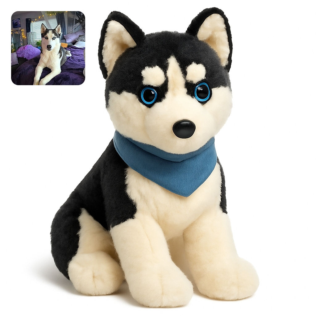 A striking Siberian Husky lounges elegantly on a plush purple blanket in a cozy, softly lit room adorned with fairy lights and decorative pillows, gazing intently with its piercing blue eyes as if plotting its next adventure.