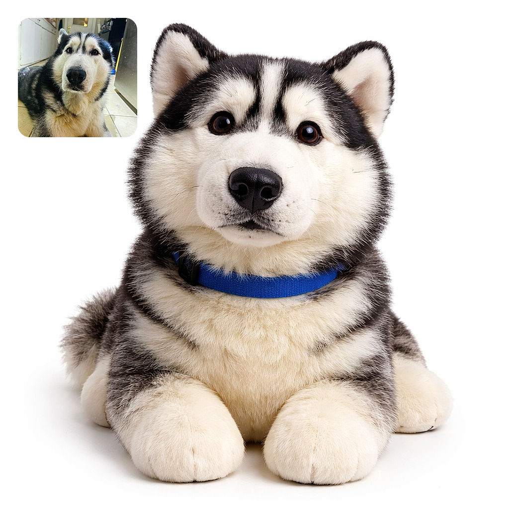 A majestic husky dog lying on a kitchen floor, looking straight at the camera with soulful eyes. The background shows a typical kitchen setting with cabinets, a mop, and other household items, giving a cozy, everyday vibe.