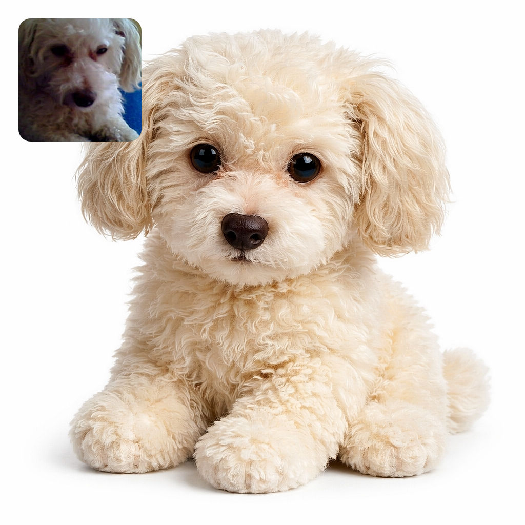 A close-up, slightly blurry phone screenshot of a fluffy white dog with a sleepy stare — wet black nose front and center, paws visible below and a blue cushion at the side, all framed by phone UI icons like an accidental celebrity portrait.
